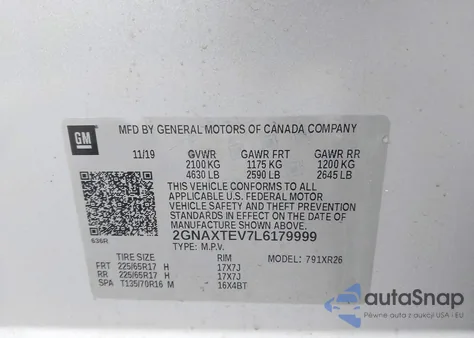 2020 Chevrolet Equinox Awd 2Fl z USA, uszkodzony, nr VIN 2GNAXTEV7L6179999